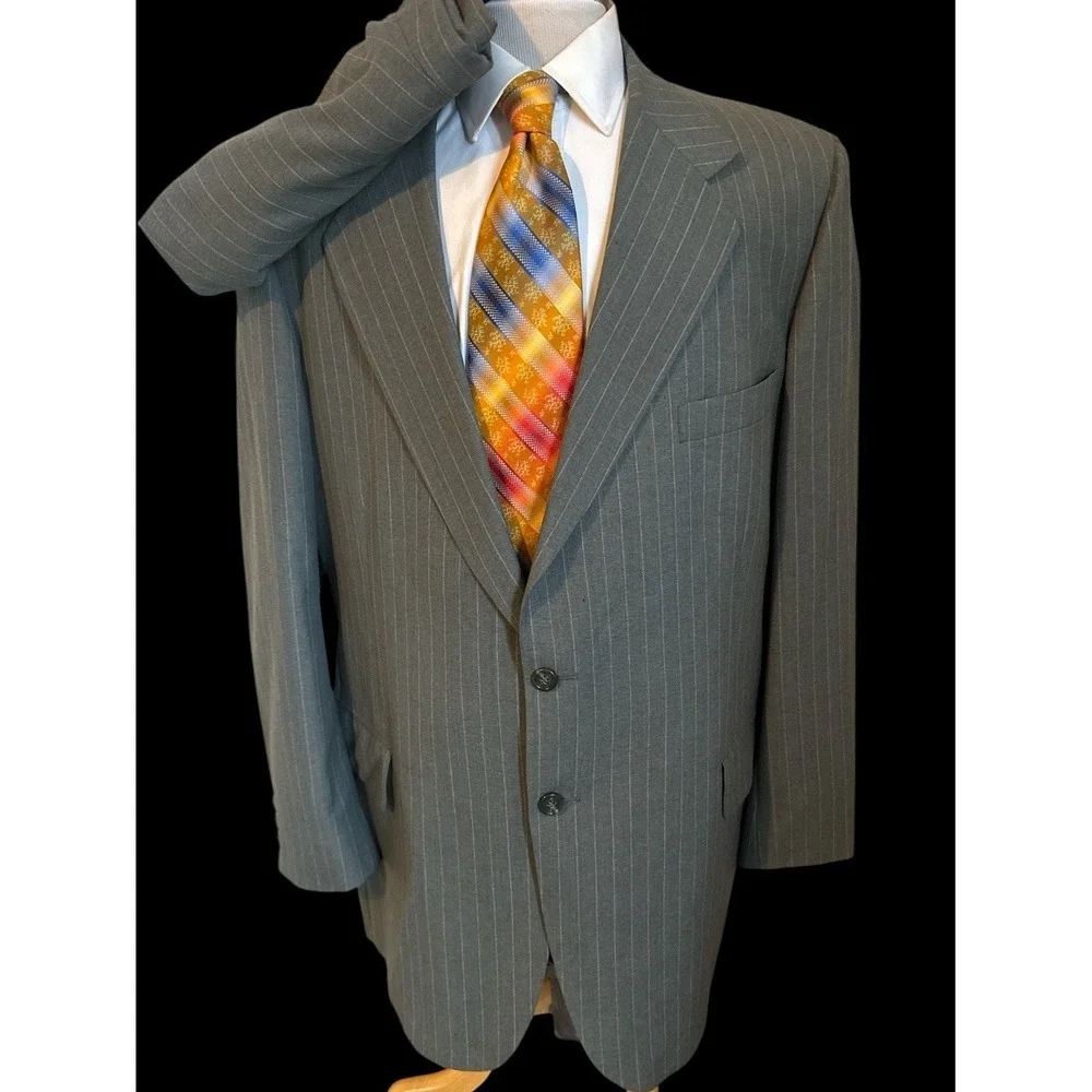 Bruce Douglass 2 Pc Suit Jacket 50XL BIG TALL Pants 44 x 34 Green Pin Stripe VTG